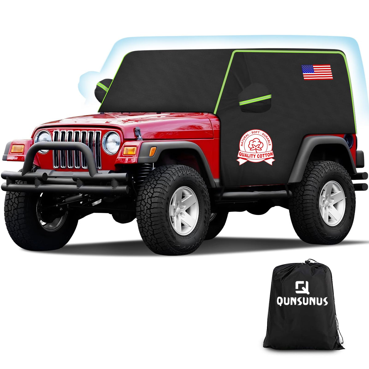 Q QUNSUNUS front view installed on Jeep YJ/TJ showing precise fit and protection