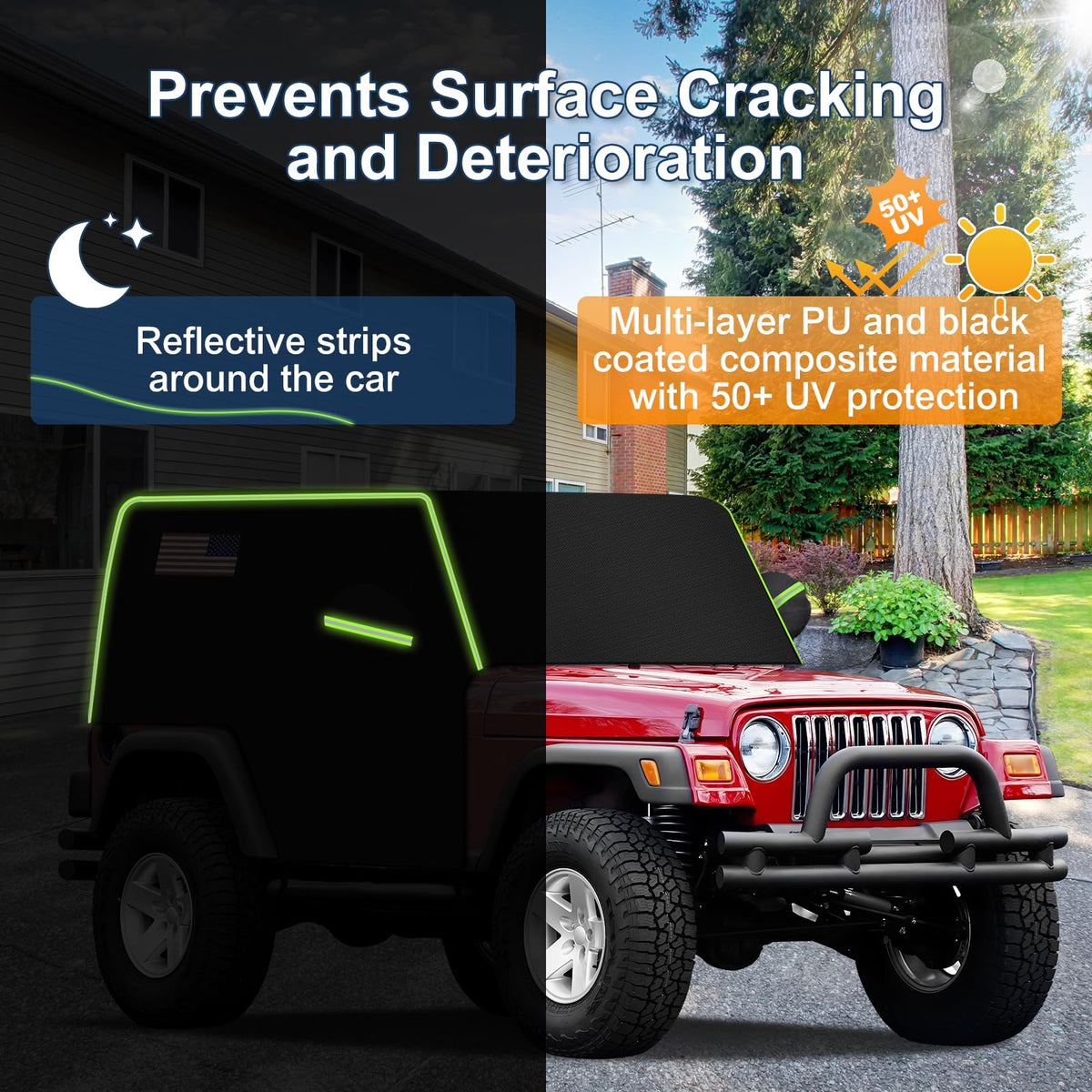 Q QUNSUNUS lifestyle scene of Jeep parked outdoors under cover for all-weather protection