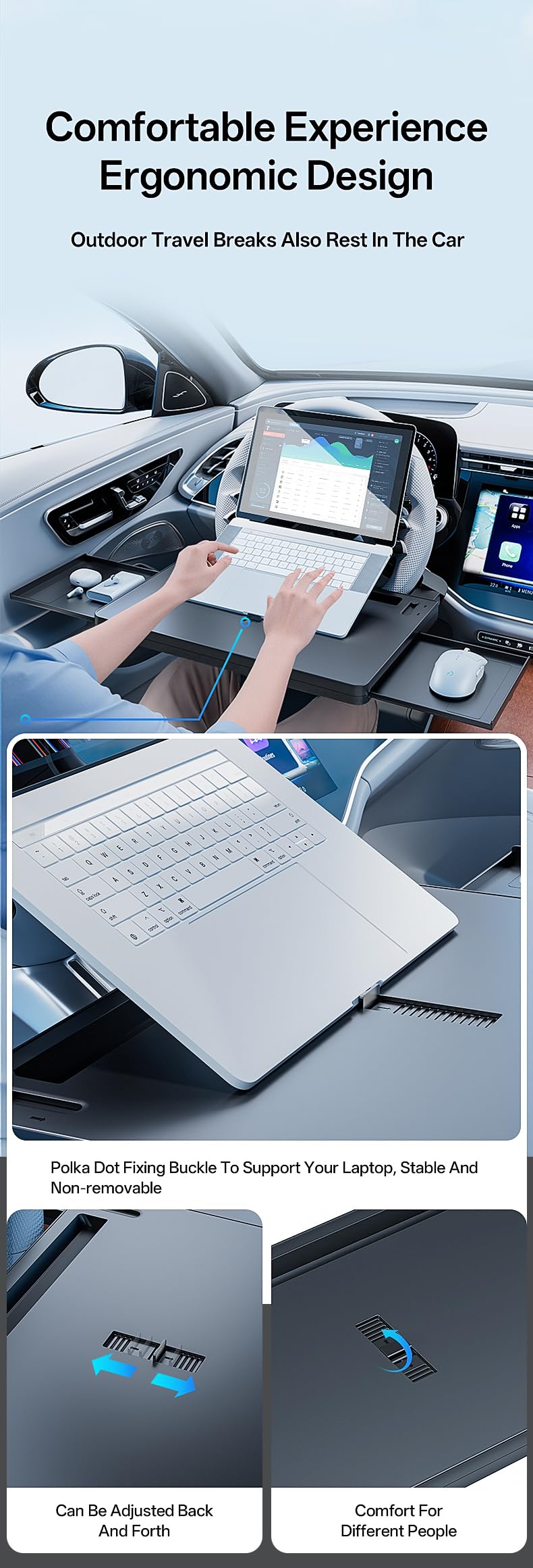 QRabbit lifestyle image of in-car picnic showing comfortable dining on the tray