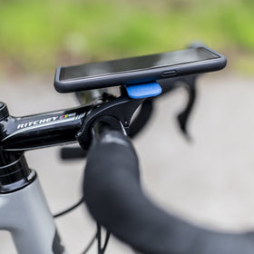 Quad Lock mount rotated over stem demonstrating forward phone positioning benefit