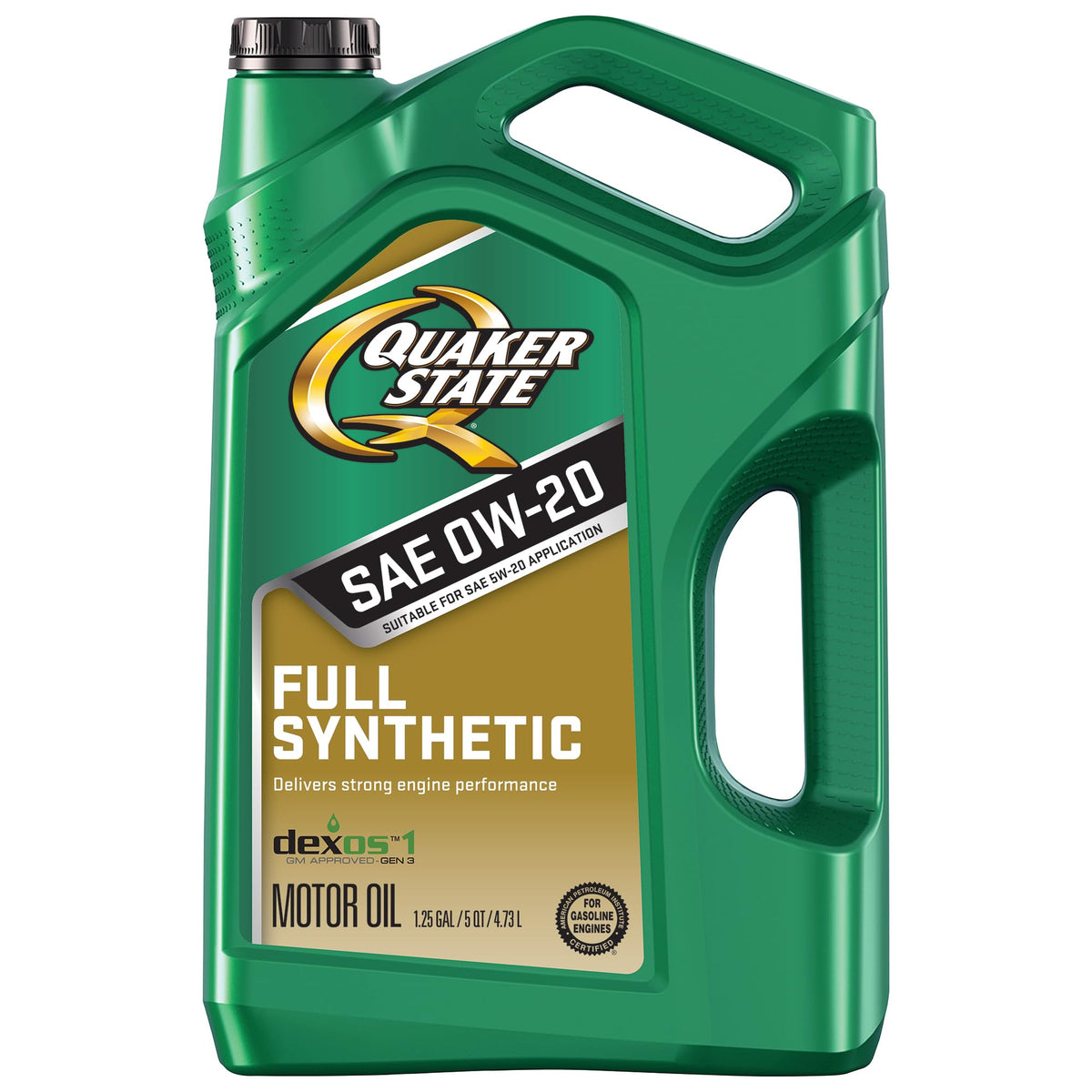 Quaker State front bottle view showing label and 5-quart capacity for easy storage