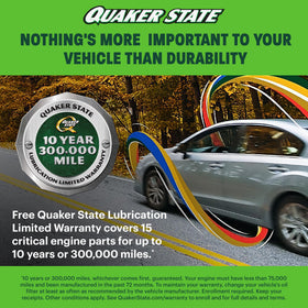 Quaker State bottle held in hand to show scale and convenient 5-quart quantity