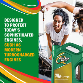 Quaker State bottle being poured into an engine bay demonstrating proper use