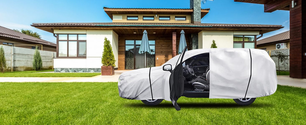 Qualencey lifestyle shot showing driveway coverage against sun and debris