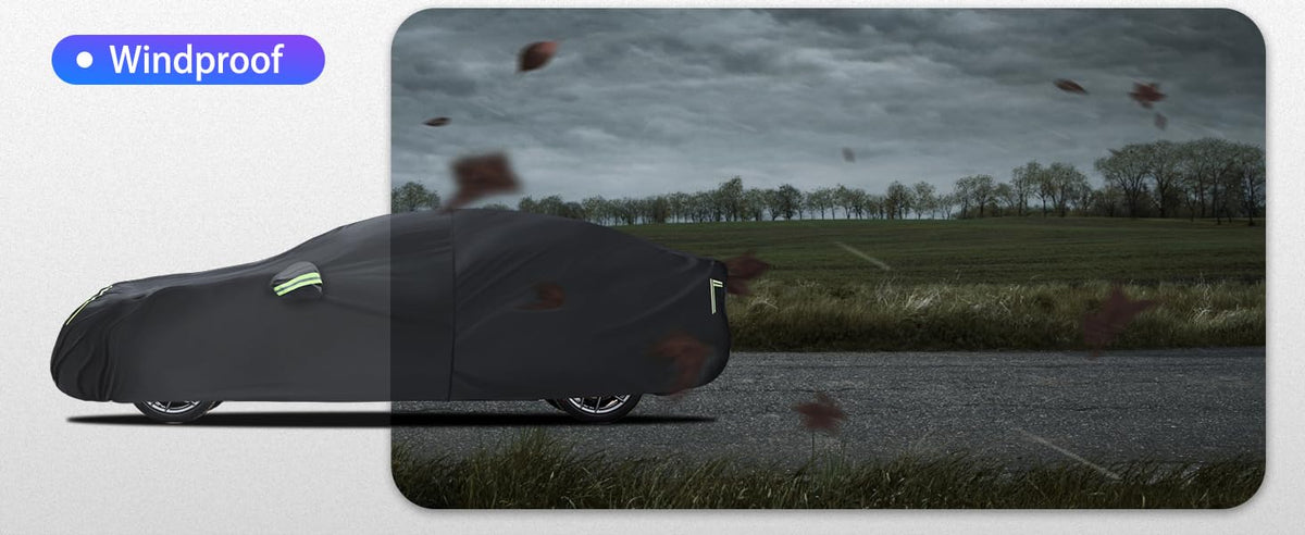 Qualencey cover on Tesla in driveway illustrating everyday outdoor use