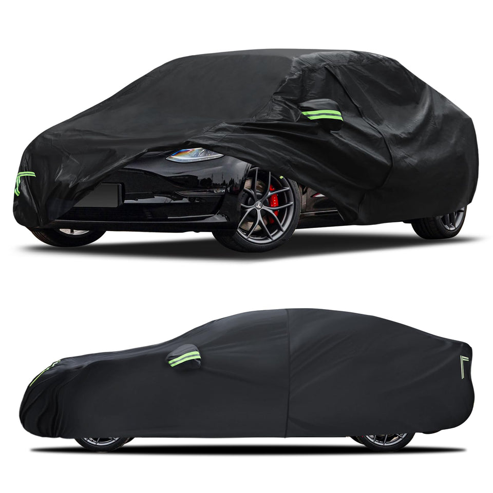 Qualencey front view on Model 3 showing snug fit and weather protection