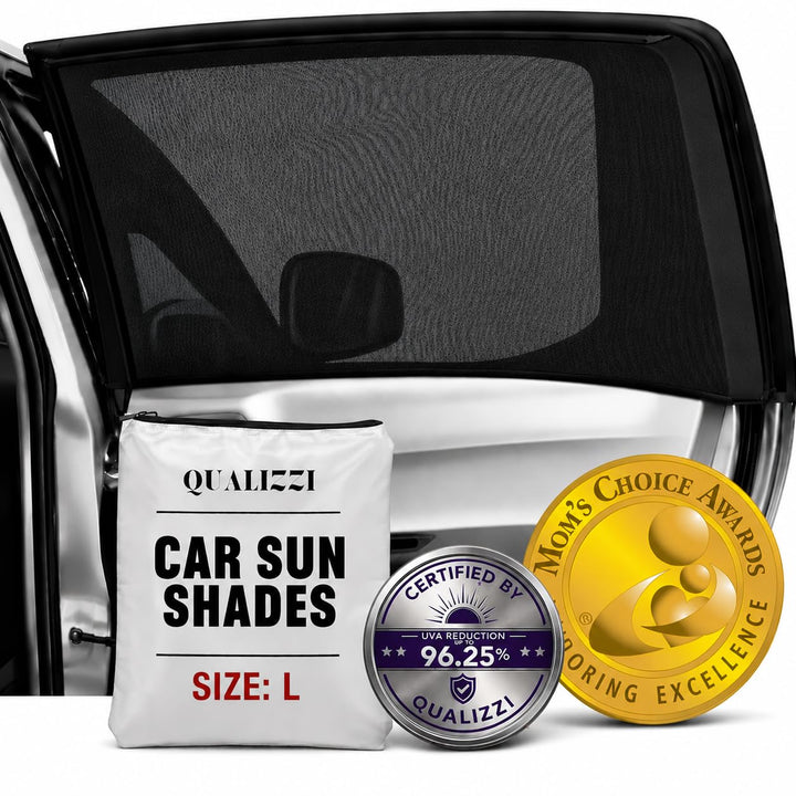 Qualizzi front packaging showing two L-size shades and benefits
