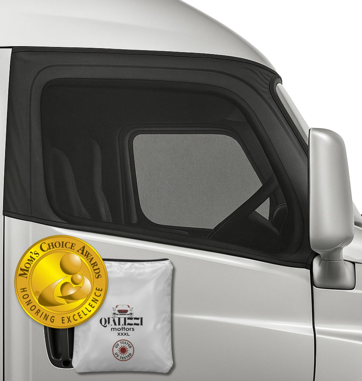 Qualizzi front packaging view showing two large truck window shades and benefits