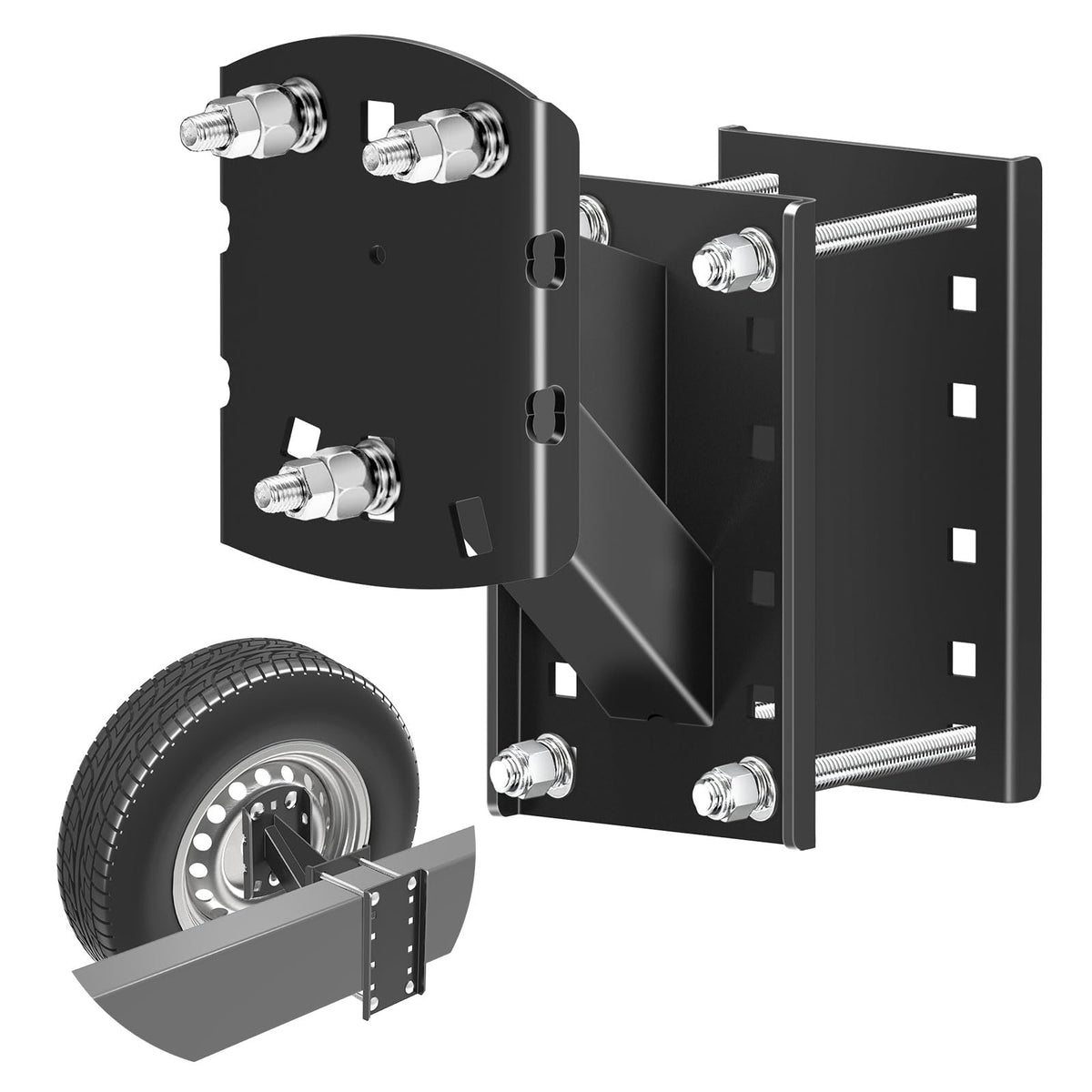 Qualward front-mounted spare bracket on trailer showing secure fit and durability
