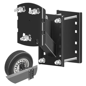 Qualward front-mounted spare bracket on trailer showing secure fit and durability
