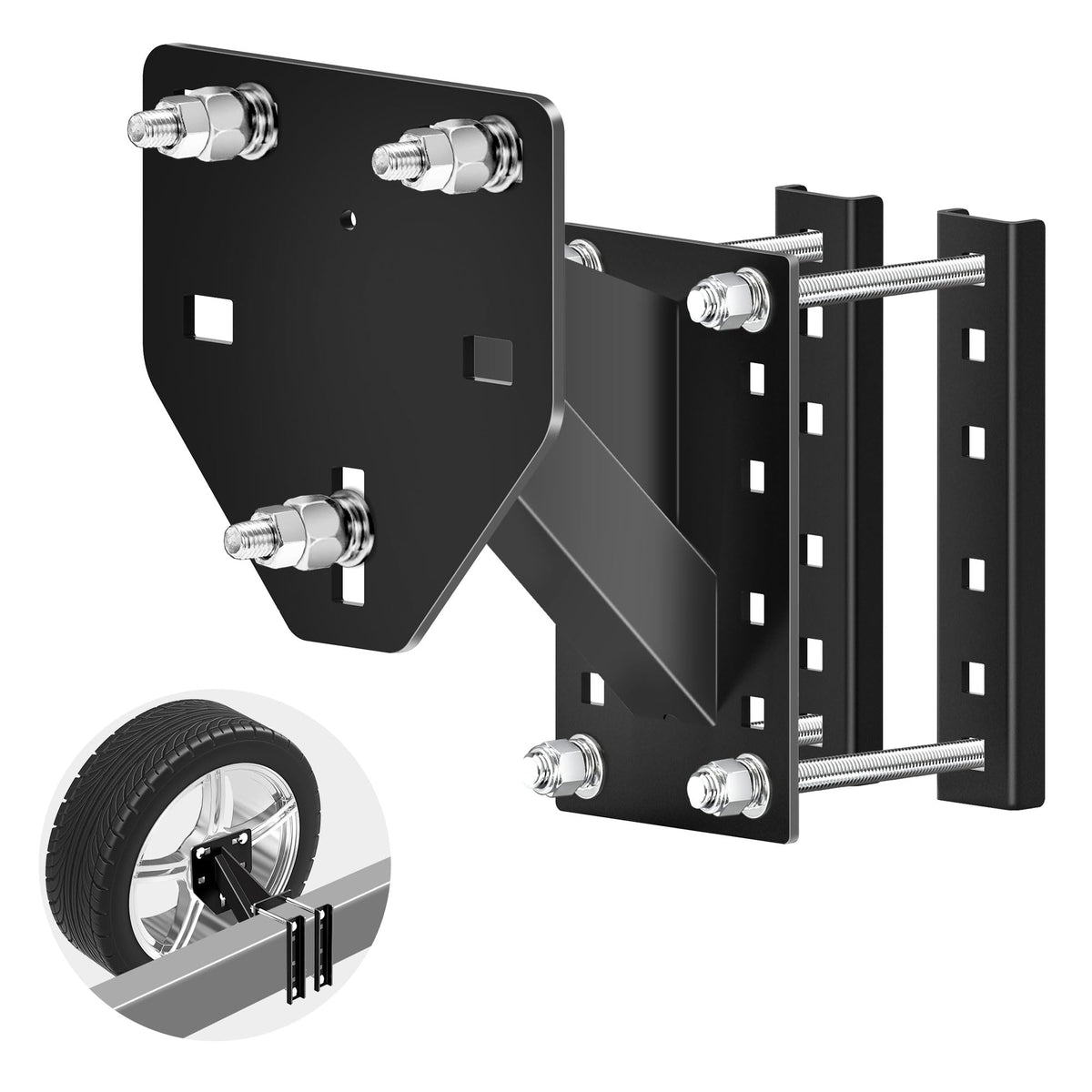 Qualward front view of spare tire carrier showing mounting points and fit benefit