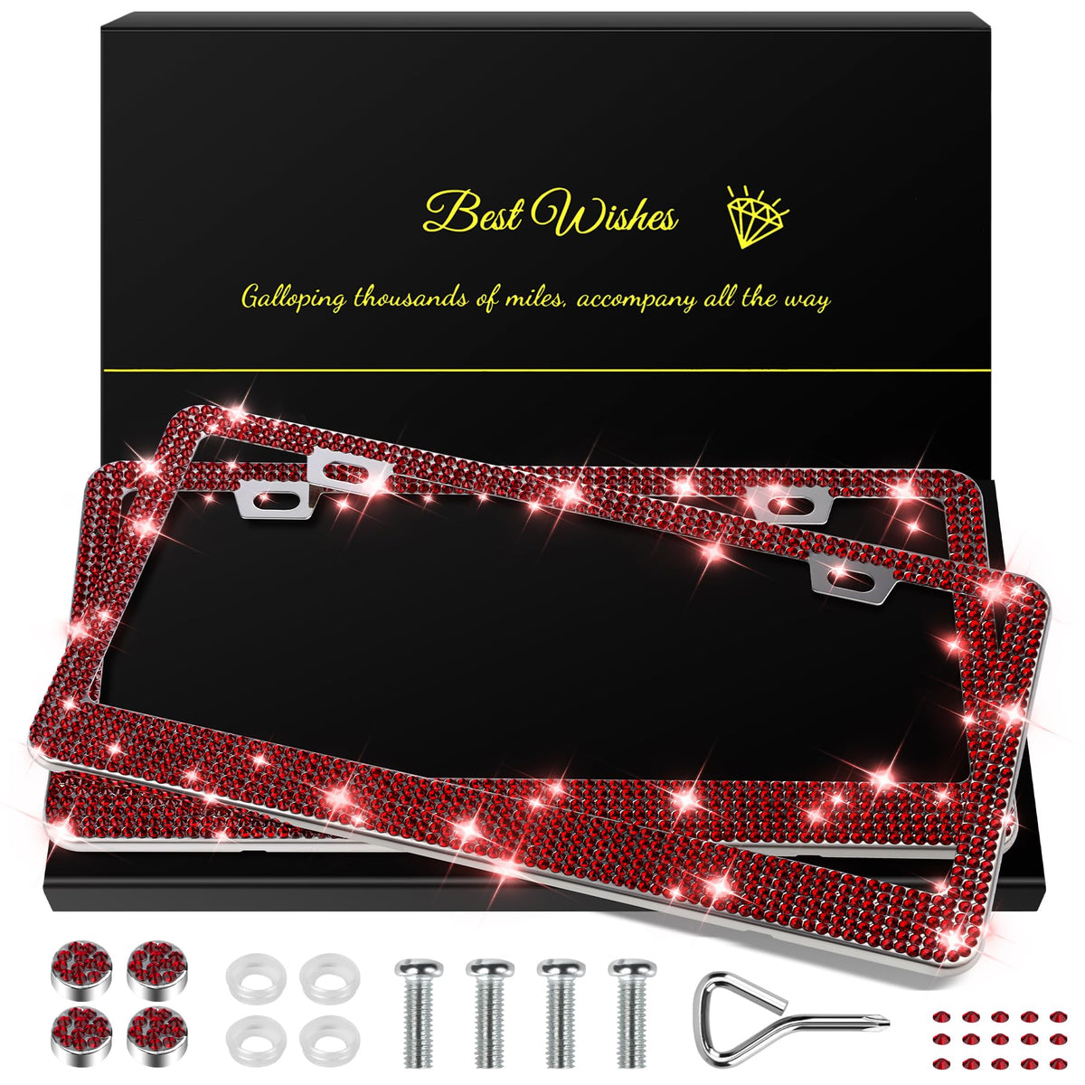 QUANQIUFEI front license plate frame showing burgundy sparkle and protection