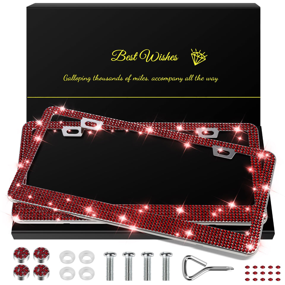 QUANQIUFEI front license plate frame showing burgundy sparkle and protection