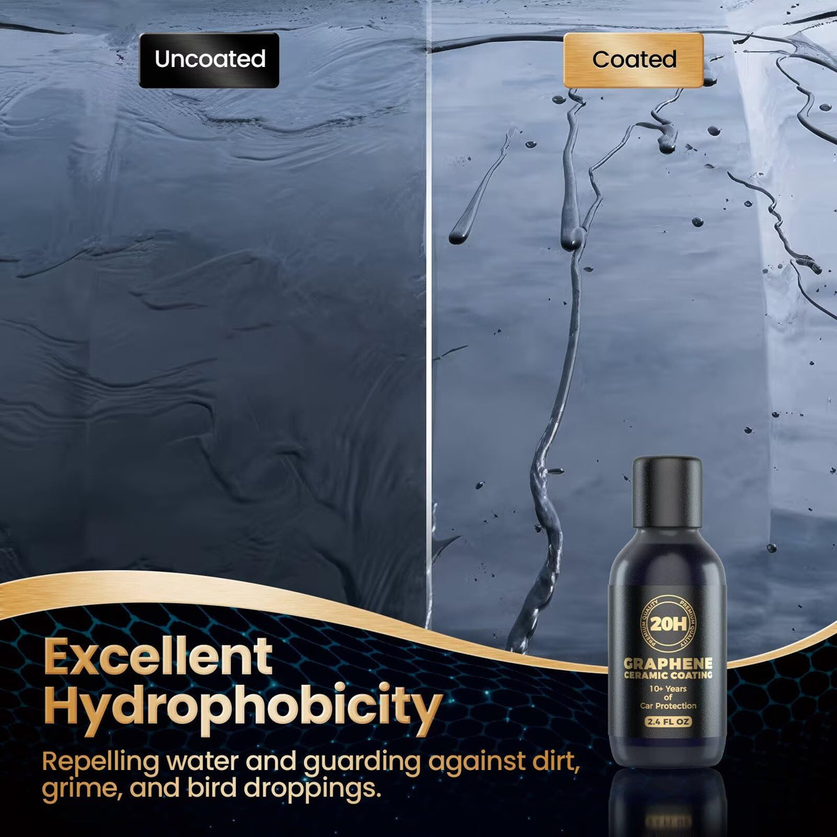 Qucship graphene coating texture macro demonstrating smooth high-gloss benefit
