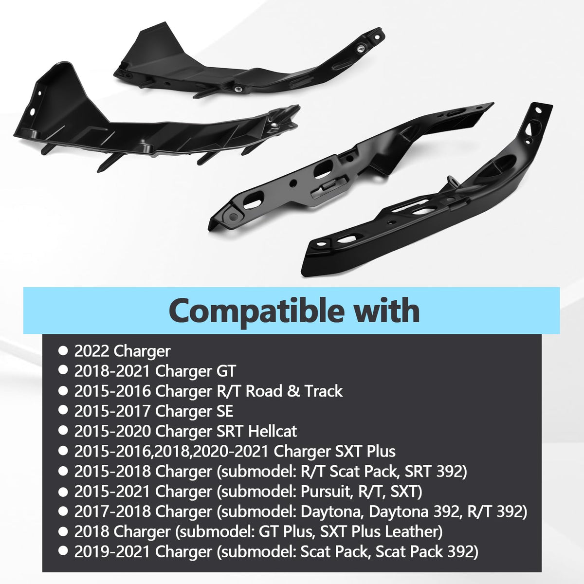 Quealzara brackets installed on a Dodge Charger front bumper demonstrating restored alignment benefit