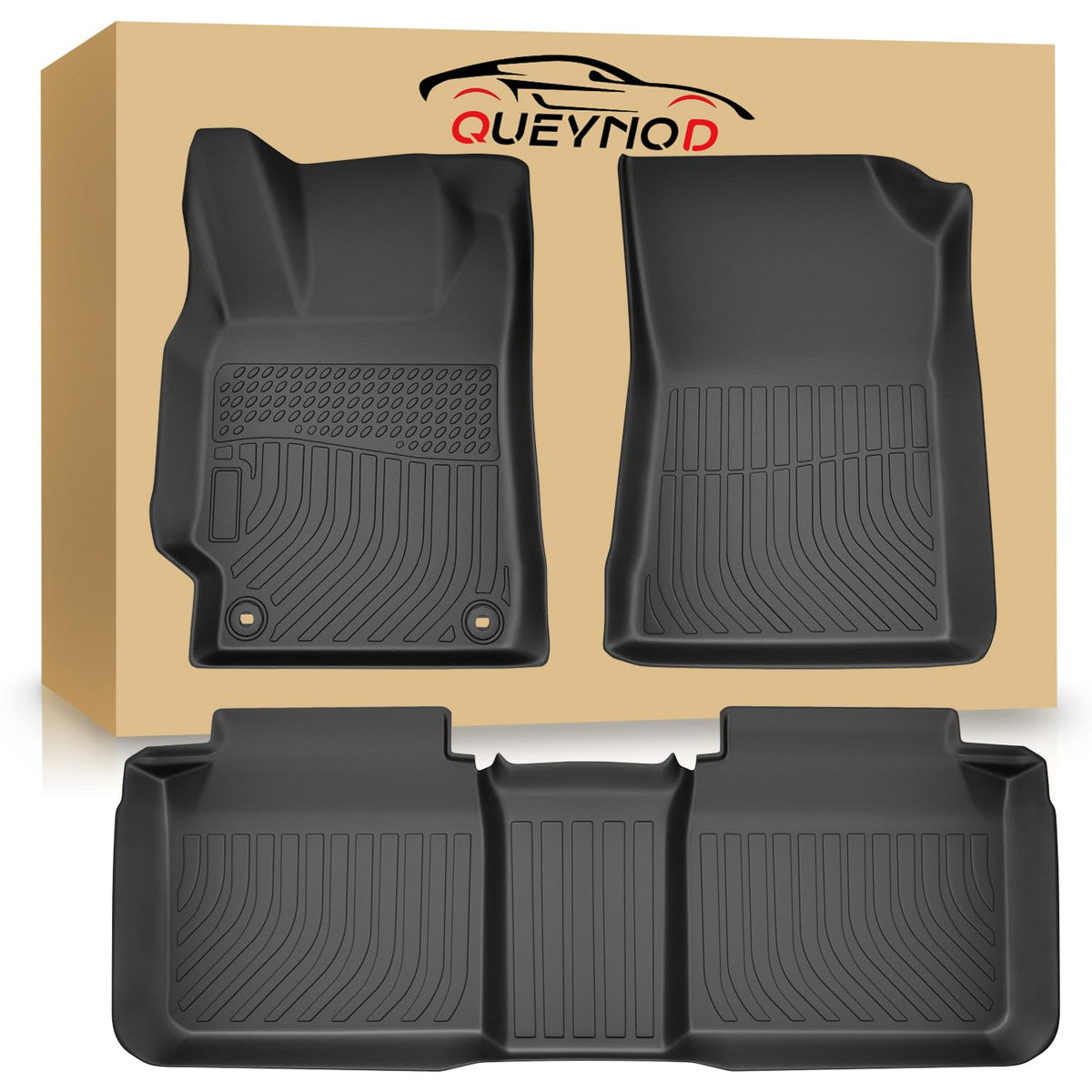 QUEYNOD front driver mat showing precise fit and pedal clearance for safety