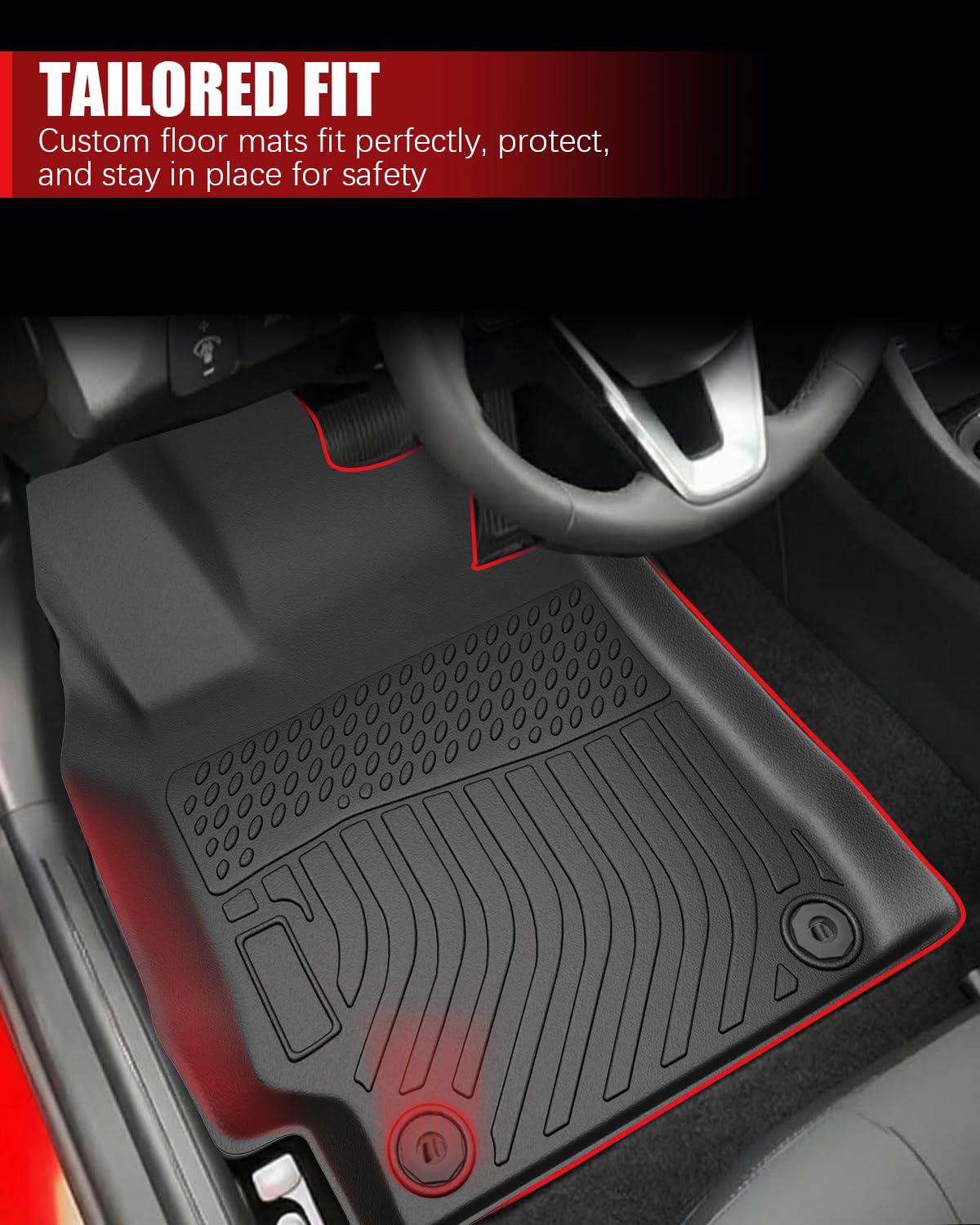 QUEYNOD front passenger mat displaying edge coverage and easy cleaning benefit