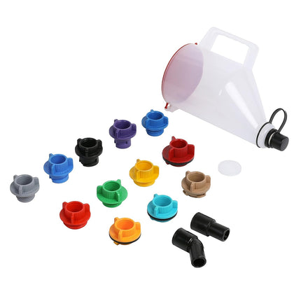 QUICKLO funnel front view showing 1.5qt capacity and spill reduction benefit