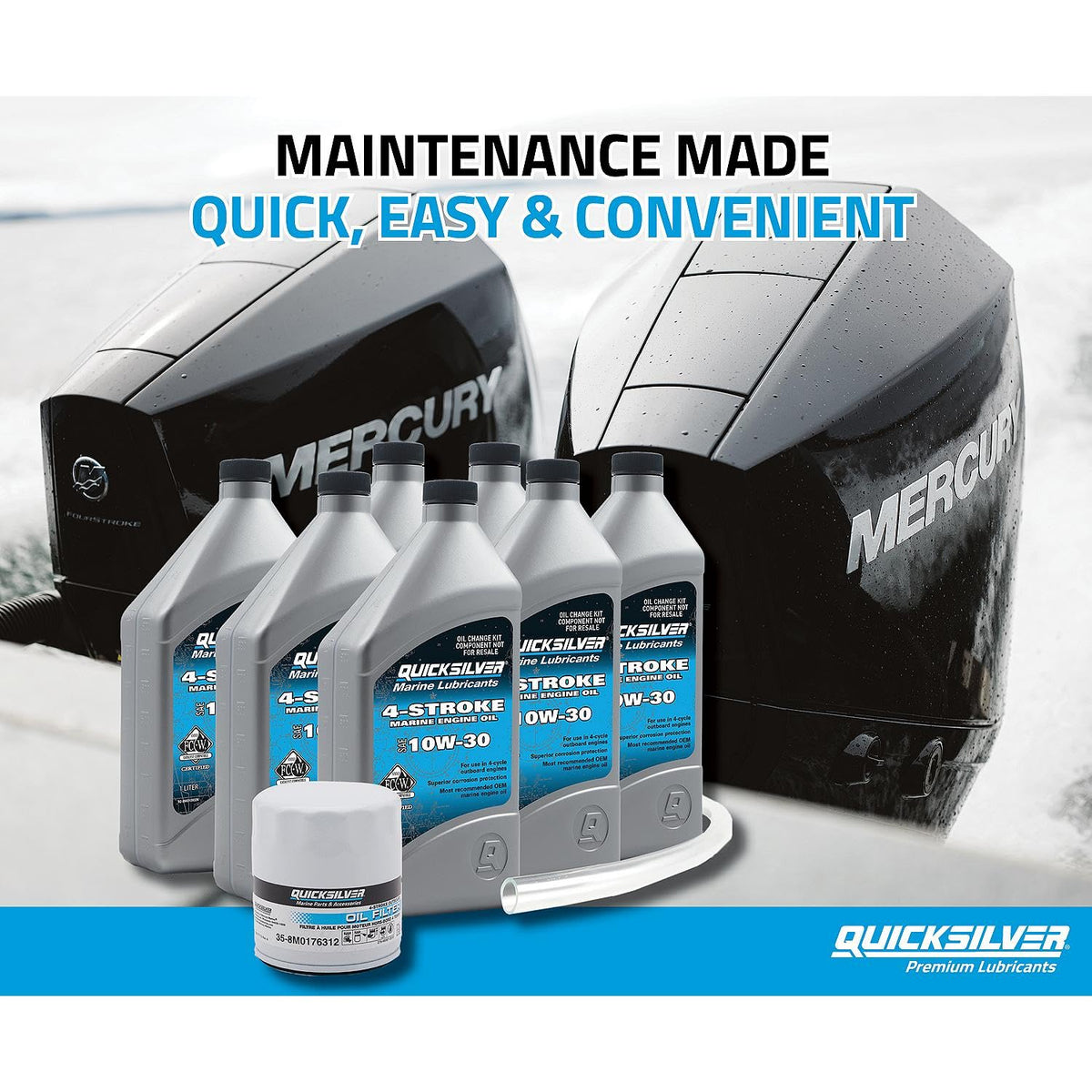 quicksilver 10w-30 bottle closeup label visible for correct viscosity and protection