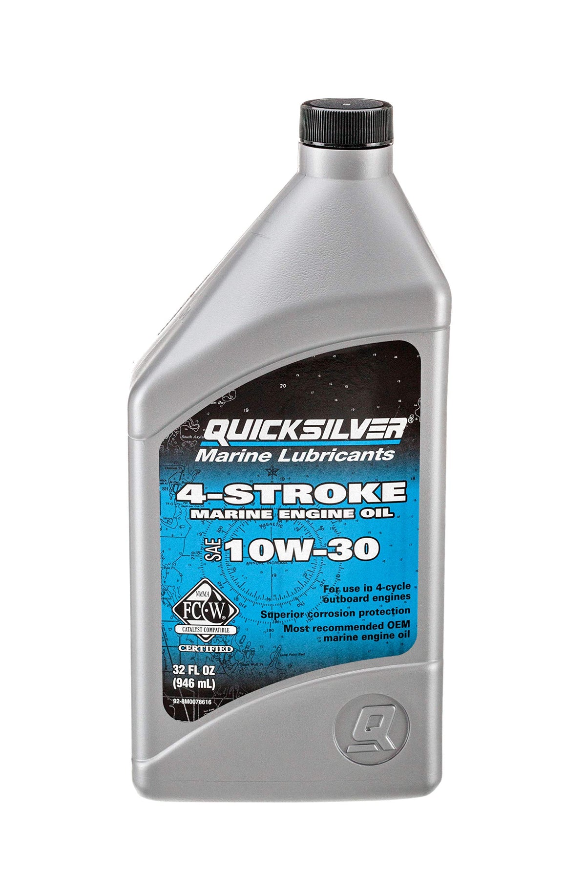 Quicksilver 10W-30 bottles closeup highlighting oil clarity and labeling benefit