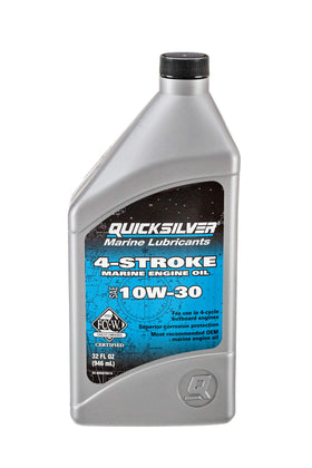 Quicksilver 10W-30 bottles closeup highlighting oil clarity and labeling benefit