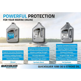 Quicksilver oil in use on an outboard motor showing protection benefits