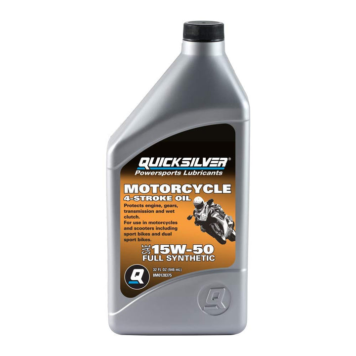 Quicksilver 15W-50 front bottle showing product and quart size benefit
