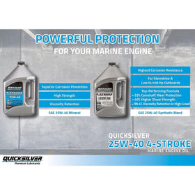 Quicksilver 1 gallon bottle beside outboard engine for maintenance convenience