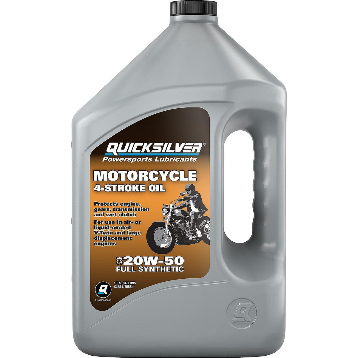 Quicksilver 20W-50 gallon bottle front label showing product identity and benefits