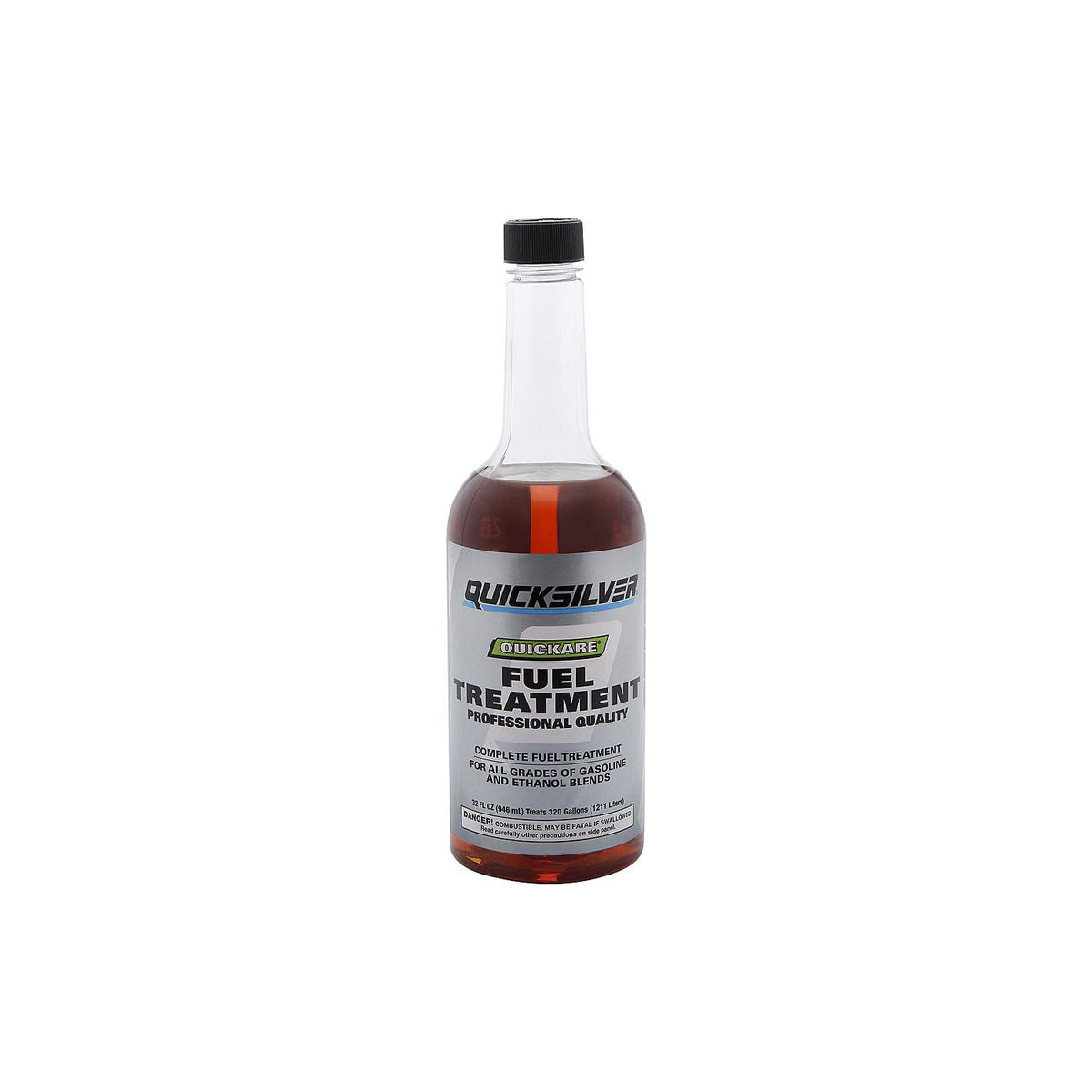 Quicksilver bottle front showing treatment bottle and clear dosing for convenience