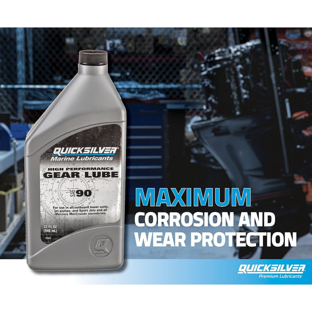 Quicksilver bottle in workshop showing ready-to-use maintenance convenience