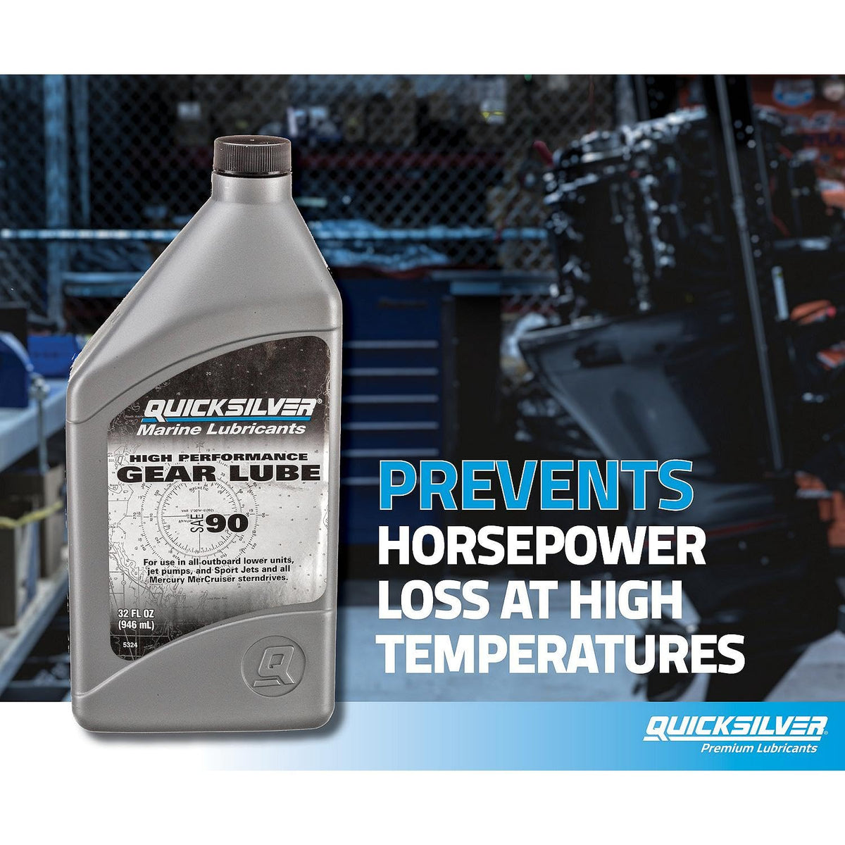 Quicksilver bottle placed beside sterndrive indicating OEM compatibility benefit