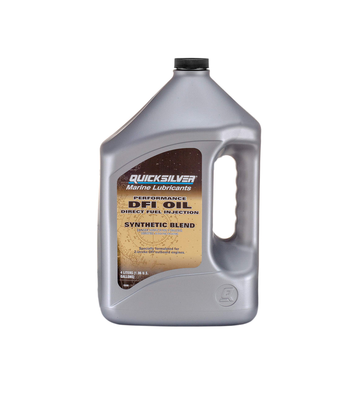 Quicksilver gallon next to a fuel can for size comparison and storage convenience