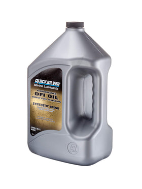 Quicksilver bottle being used to refill outboard fuel-injected engine, aiding maintenance