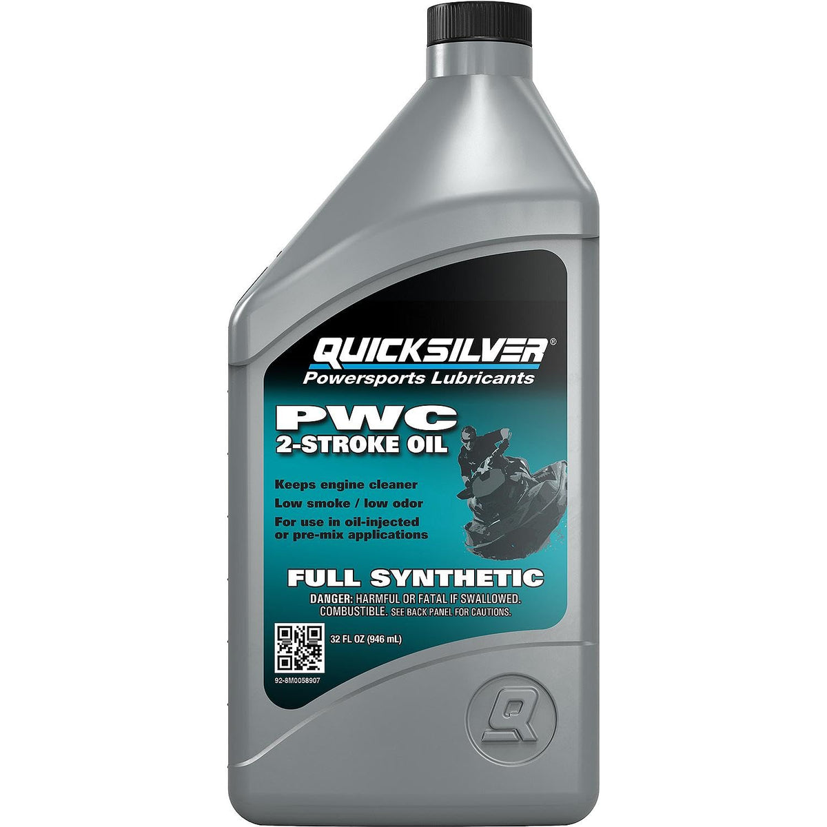 Quicksilver front view of 1 quart bottle showing label and usage benefits