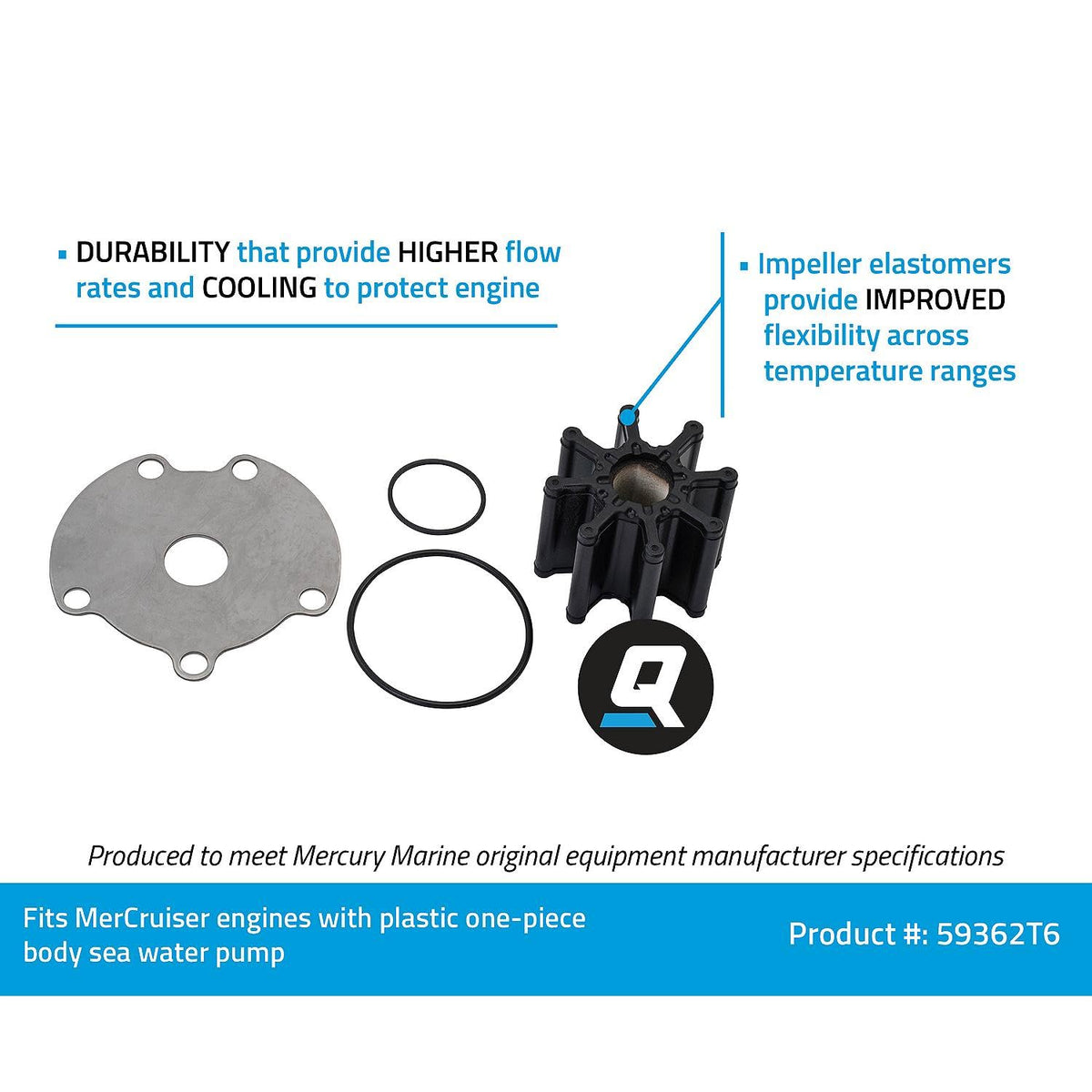 Quicksilver impeller close-up detail emphasizing flexible elastomer blades and durable plate, long-lasting flow