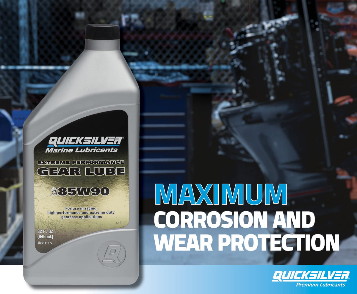 Quicksilver bottle next to sterndrive during oil service for easy use