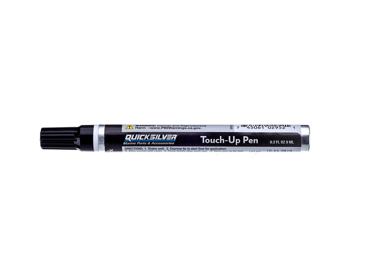 Quicksilver touch-up pen being applied to outboard paint restoring Phantom Black finish