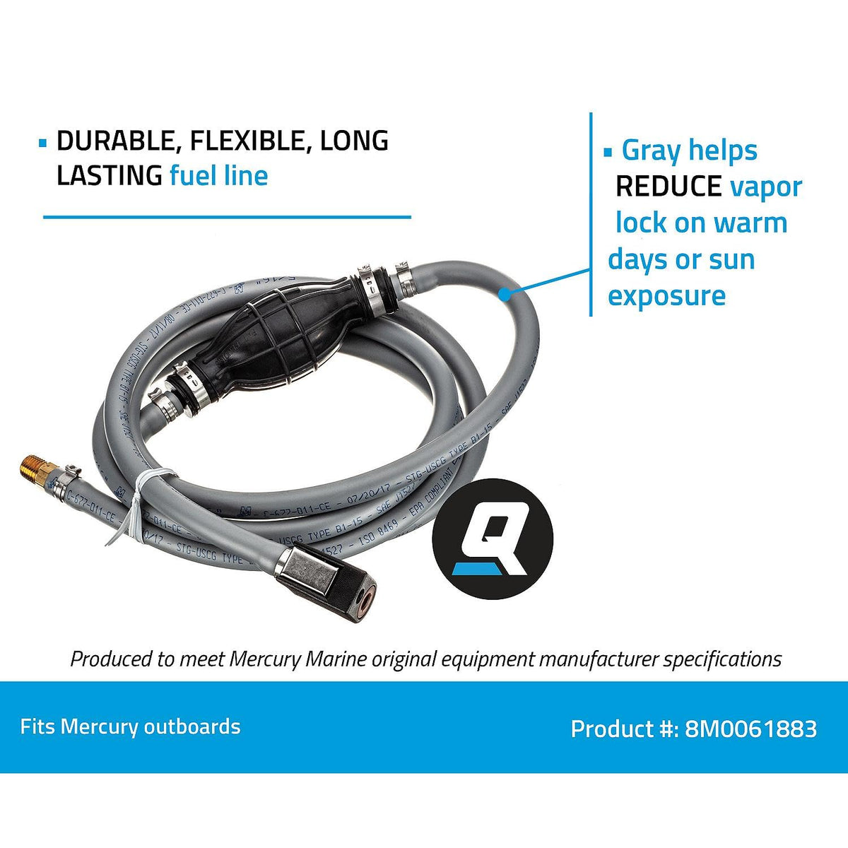 Quicksilver fuel line installed on outboard illustrating reliable fuel delivery