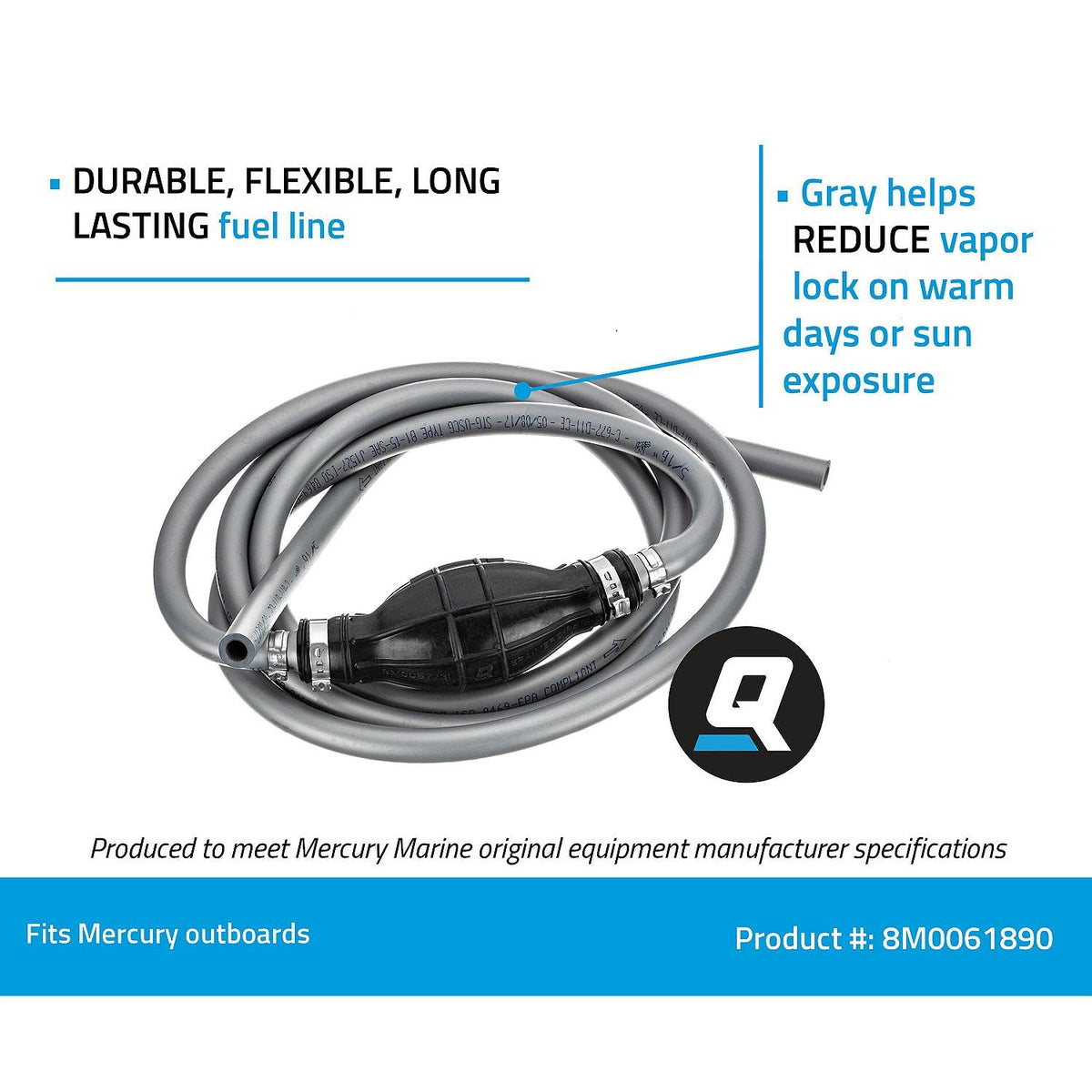 Quicksilver part label close-up showing 8M0061890 part number and OEM assurance benefit