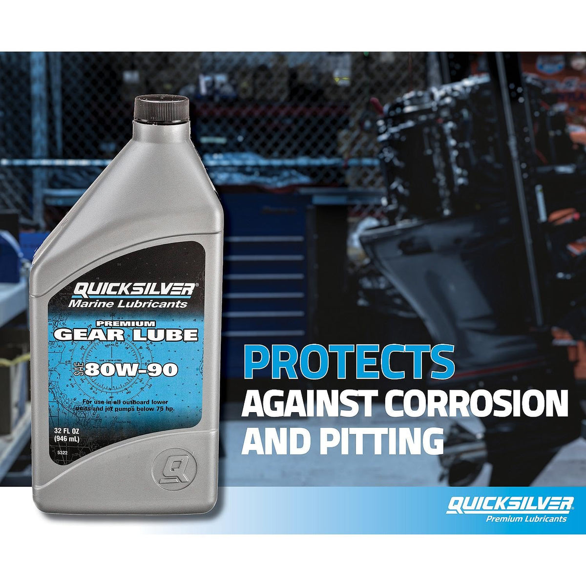 Quicksilver bottle in a boat service setting conveying professional maintenance reliability