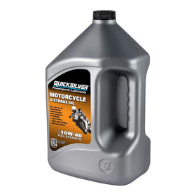 Quicksilver bottle in garage with motorcycle suggesting ready-to-use protection