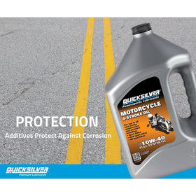 Quicksilver oil pouring into motorcycle engine for fast protection