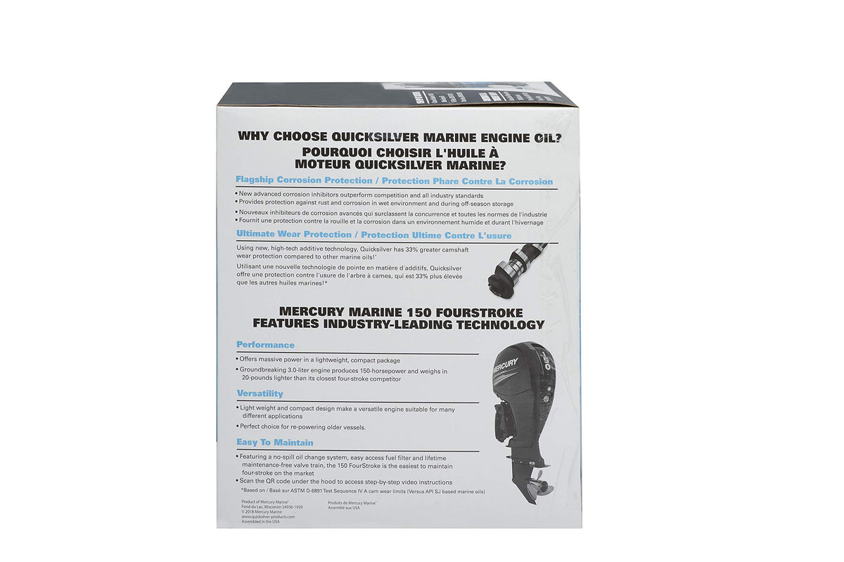 Quicksilver pouring oil into outboard engine illustrating correct service procedure