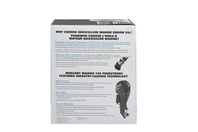Quicksilver pouring oil into outboard engine illustrating correct service procedure