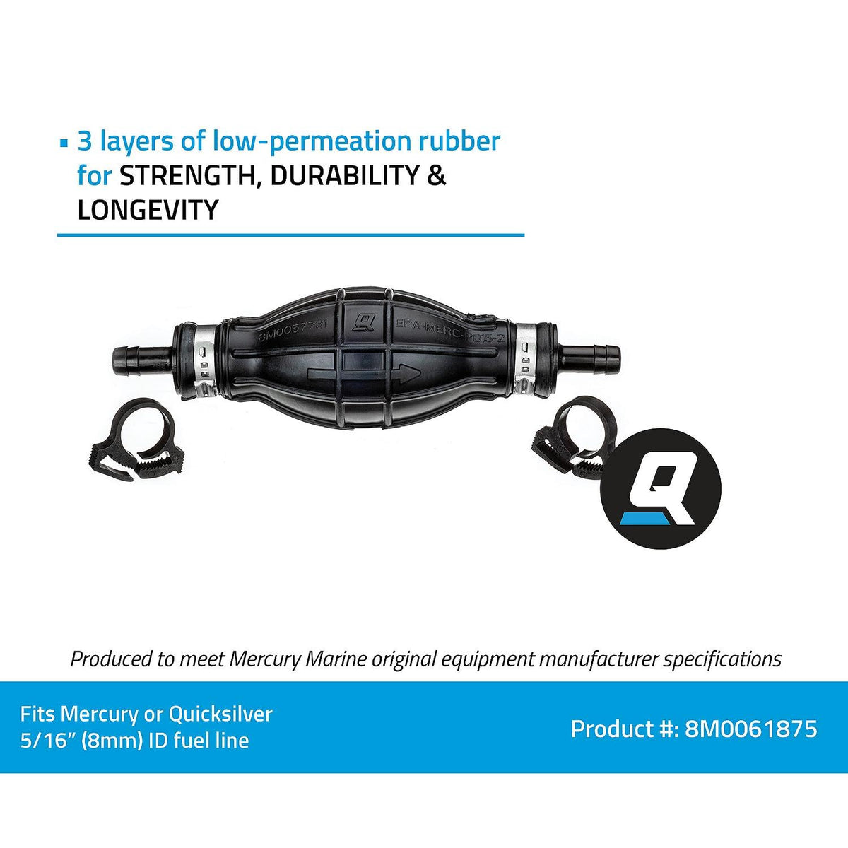 Quicksilver primer bulb with included hose clamps and product label for installation