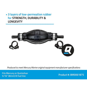 Quicksilver primer bulb with included hose clamps and product label for installation