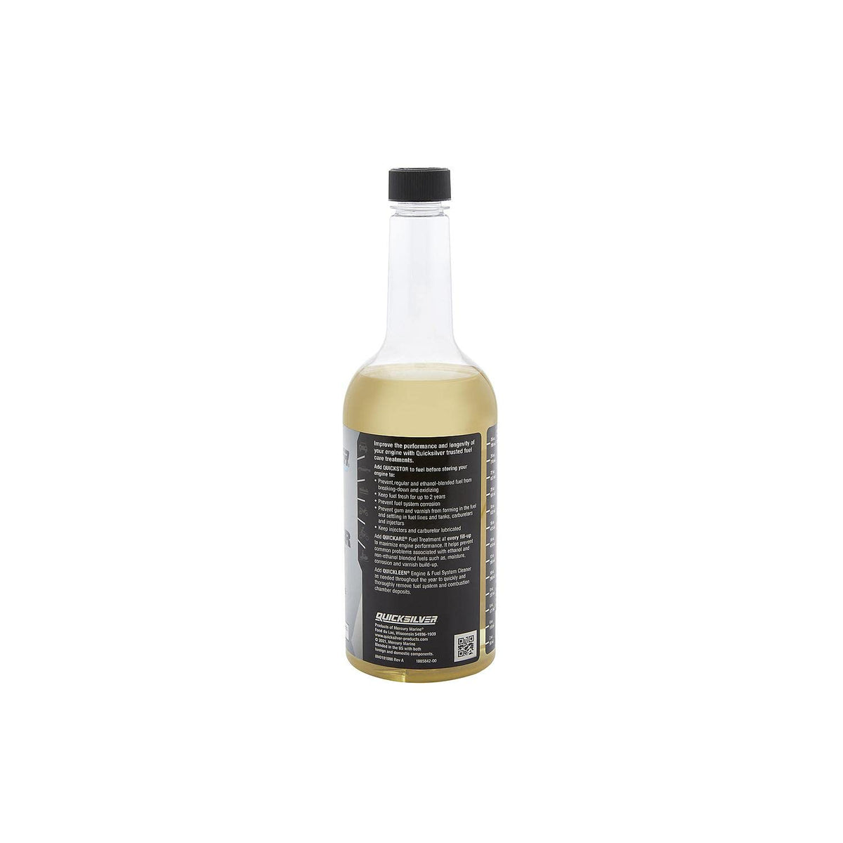 quicksilver bottle beside outboard motor on boat deck protecting fuel system