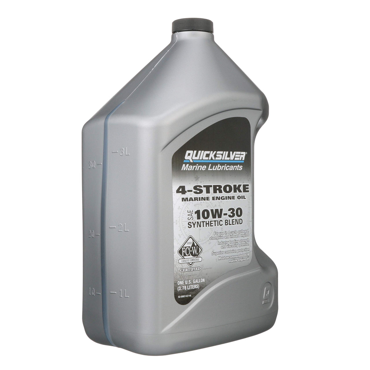 Quicksilver one-gallon bottle next to coffee mug for size and scale