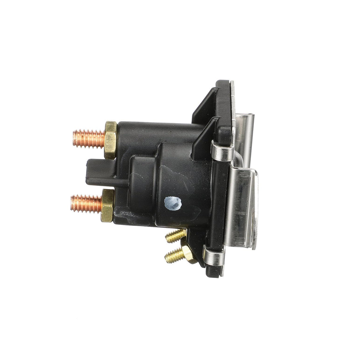 Quicksilver solenoid front view showing compact stepped mounting plate and reliable fit